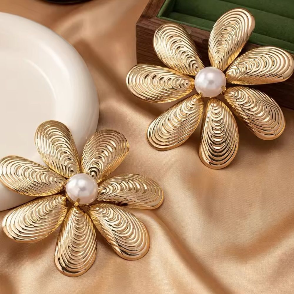 Oversized Gold-Tone Floral Earrings with pearl Accents - Picture 5 of 11